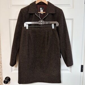 First Option Women's Brown Tweed Blazer Skirt Suit Set Size 10